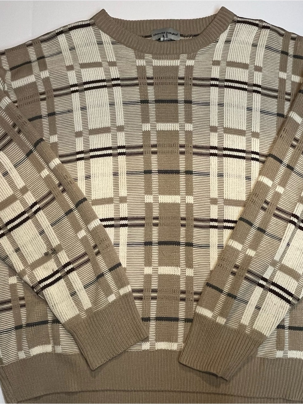 David Taylor Men's Beige and Cream Plaid Crewneck Sweater